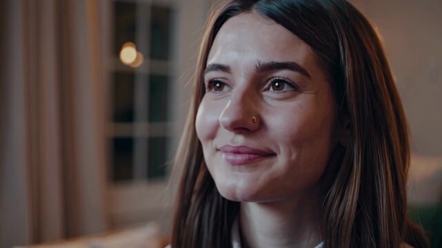 Close-up video shot of a woman smiling softly, with natural lighting from a window, creating a warm and intimate atmosphere.