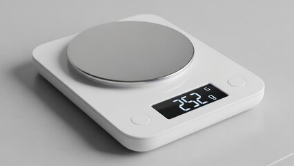 Modern digital kitchen scale displaying weight measurement on white surface