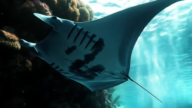 Graceful manta ray swimming underwater in sunlit ocean environment