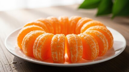 Orange segments arranged on a white plate natural light and healthy food concept
