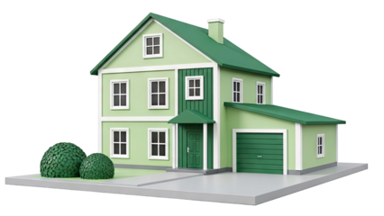 Cartoon green house with garage and manicured bushes