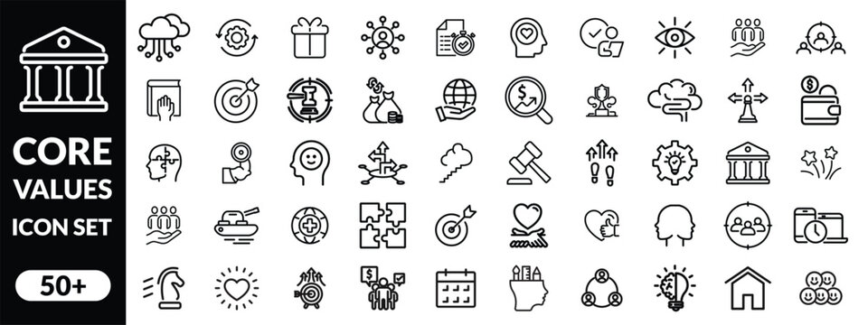 Core values 50 icon set. Full Vector Outline Style Icons. Vector Stock illustration