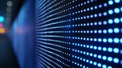 Abstract grid of glowing blue LED lights on a digital screen creating a futuristic visual effect