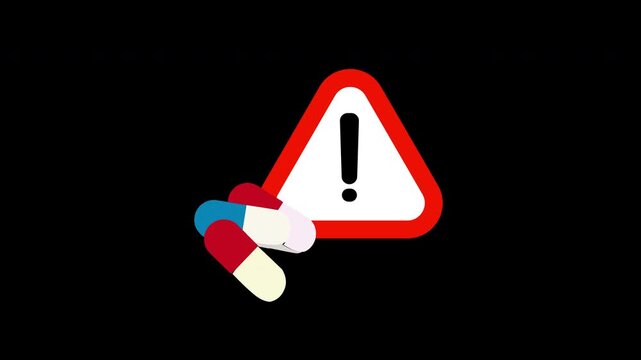 Medical capsules and pills with warning sign representing drug overdose or side effects danger animation on transparent background