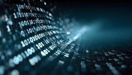 Abstract digital stream of binary code flowing through a dark futuristic cyberspace with glowing blue light and data visualization effects