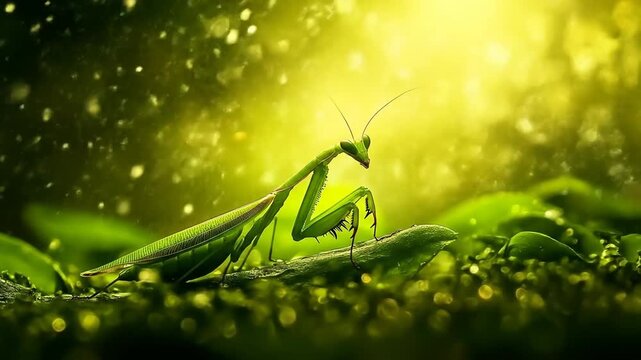 Green praying mantis on leafy vegetation in bright sunlight