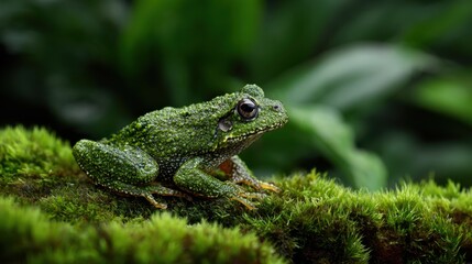Obraz premium Green Frog on Mossy Log in Lush Nature Surrounding