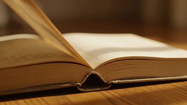 Open Book on Wooden Table with Pages Turning Close Up.