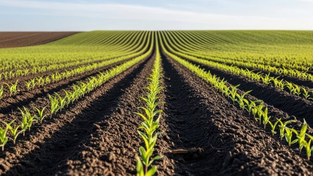 Young corn rows growing in agricultural field landscape