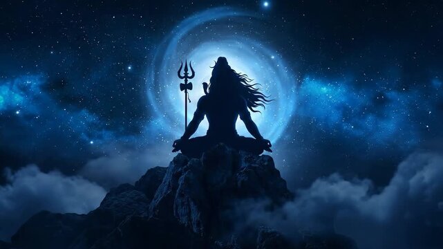 Powerful deep blue silhouette of lord shiva meditating on a mountain peak under a cosmic starry sky for shivaratri.