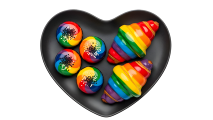 Rainbow colored sweets on a heart shaped plate on transparent background