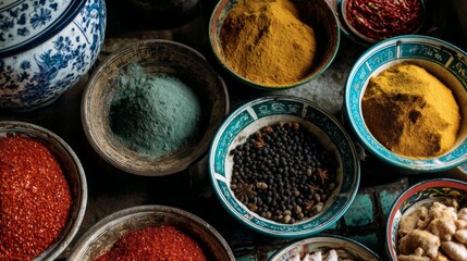 Colorful Spices and Herbs in Traditional Bowls Displayed on Rustic Table, Featuring Various Textures and Rich Tones of Nature's Palette