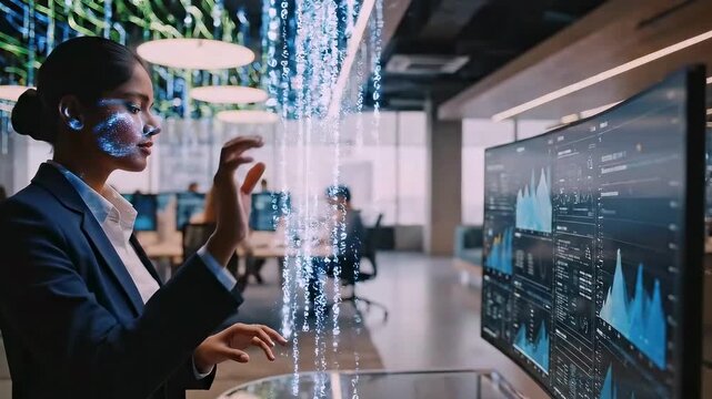 Modern AR workspace, Visualizing market performance through augmented reality technology in office, Professional analyzing market data with advanced augmented reality tools and gesture gestures