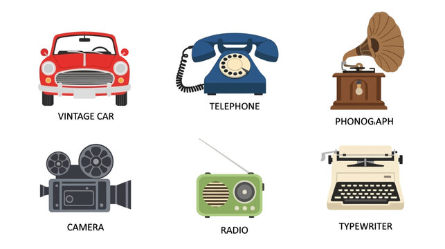 Vintage objects from the past century on display