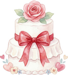 Delicate two tiered cake adorned with a watercolor pink rose and red ribbon