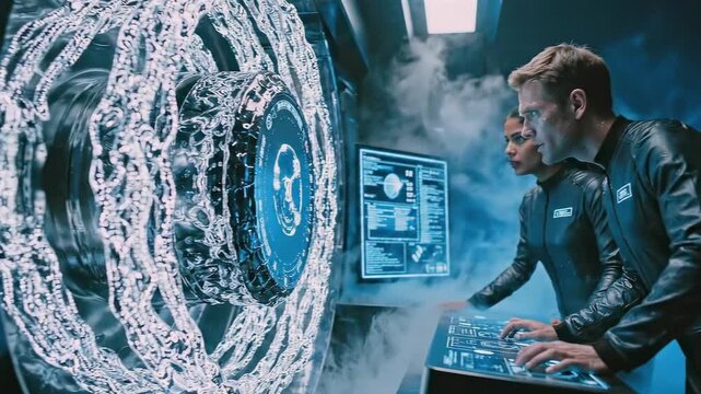 Scientists study luminous portal, Researchers explore glowing ring entry, Research personnel utilize holographic controls to investigate luminous ring entrance amidst foggy enclosure conditions