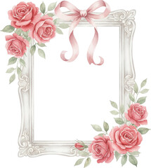 Vintage ornate frame with pink roses and ribbon bow