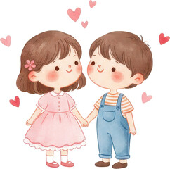 Sweet cartoon illust n of a boy and girl in love holding hands amidst floating hearts