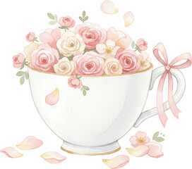 Watercolor teacup overflowing with pink and cream roses and delicate blossoms