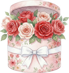 Watercolor painting of a pink floral hatbox with red and cream roses