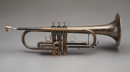 Trumpet on a neutral background showing valves and bell with wear from use and time