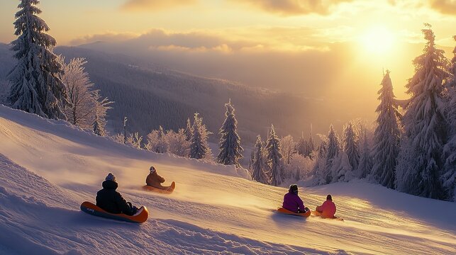 Friends enjoy sledding down a snowy hill at sunset in a winter wonderland setting with trees in the background - Powered by Adobe