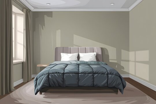 Modern bedroom with blue bedding and large window