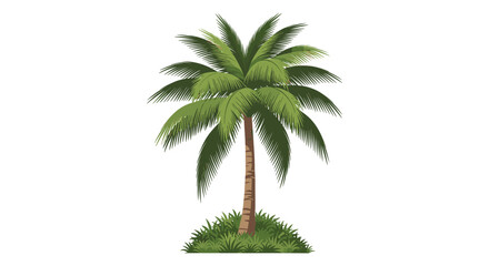 Obraz premium Tall green palm tree standing on a small grassy mound against a clean white background representing tropical vacation and summer holiday vibe.