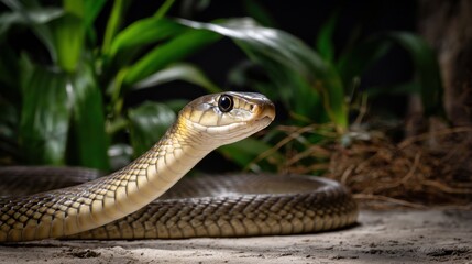 Obraz premium Close-Up of a Snake with Detailed Scales and Surrounding Foliage