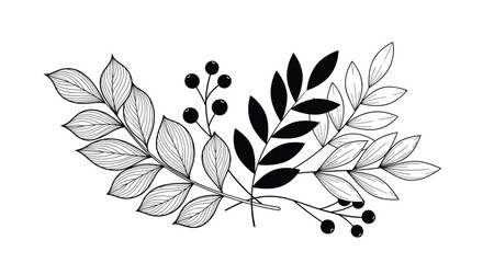 Black and white hand-drawn illustration of a botanical arrangement with different types of textured leaves and small dark clusters of berries.