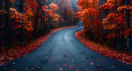 A winding road through a vibrant autumn forest with colorful trees
