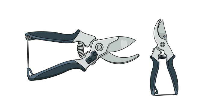 Professional garden pruners and pruning shears for horticulture and landscaping tasks shown in two different views on a plain background.