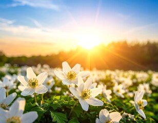 Field of white flowers with a bright sun and a treeline against a clear blue sky at the horizon