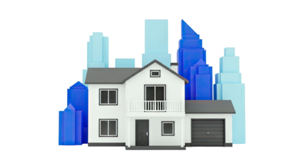 3D Render of a House in front of Abstract Cityscape