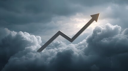 A metallic arrow representing financial growth ascends through dramatic cloudy skies towards a bright light