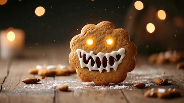 Spooky Gingerbread Monster Cookie with Glowing Eyes on Rustic Table