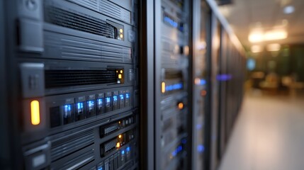 Rows of server racks with blinking status lights in a data center