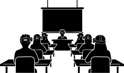 Virtual reality classroom with students and teacher wearing vr headsets in a black and white illustration
