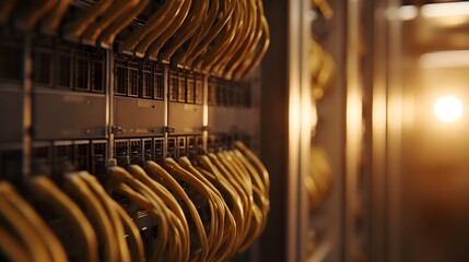 Rows of yellow network cables neatly organized within a modern data center bathed in warm ambient light