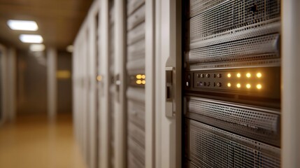 Rows of blinking server racks with illuminated lights in a modern data center hallway suggesting active processing and data storage