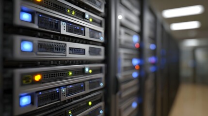 Rows of active server racks with blinking blue and green lights in a modern data center