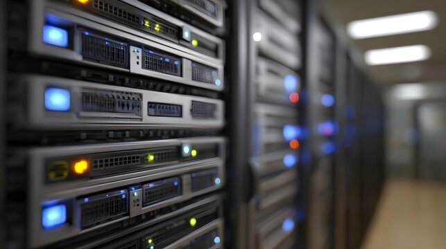 Rows of active server racks with blinking blue and green lights in a modern data center - Powered by Adobe