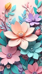 Whimsical, vertical floral display featuring pastel pinks, purples, blues, and yellows in a layered, paper-cut style arrangement
