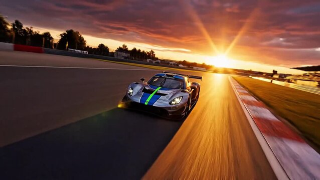 Dynamic drone shot racing track sunset generic one car passing slow motion 3d animation 