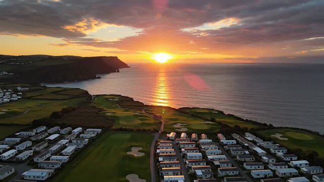 Vibrant sunset over ocean illuminates coastal golf course, cliffs, and mobile homes