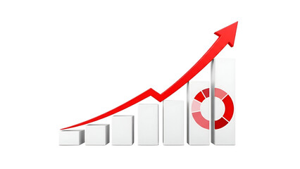 Red arrow rising over increasing white bars with red circle on last bar