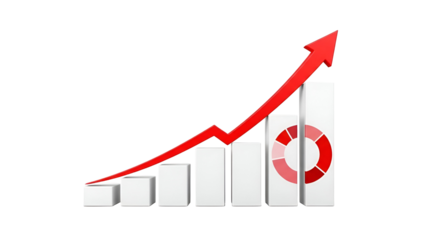 Red arrow rising over increasing white bars with red circle on last bar