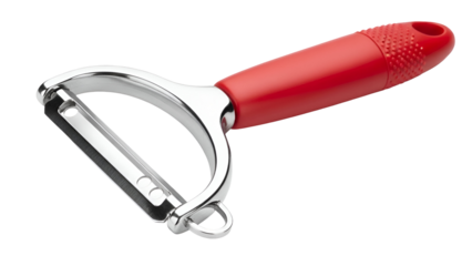 Red Handled Stainless Steel Potato Peeler on Black Background