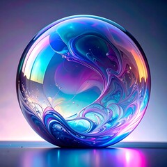 Iridescent orb swirling with pastel blues, purples, and pinks, reflecting light on a glossy surface