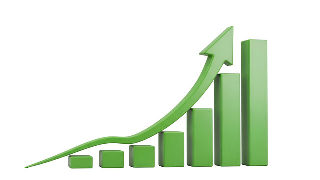 Green 3 D bar chart with upward arrow on black background - Powered by Adobe